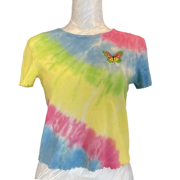 Vintage Y2K Pink Blue Rainbow Tie Dye Butterfly Embroidered Baby T shirt Sz - Picture 1 of 16